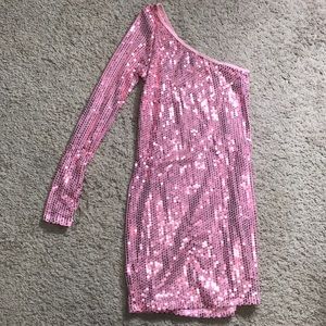One sleeve pink sequin dress